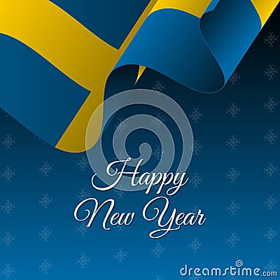 Happy New Year banner. Sweden waving flag. Snowflakes background. Stock Photo