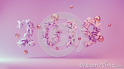 Happy New Year Banner with 2019 trendy pink color Numbers made by shattered cracked stone on study Background with Cartoon Illustration