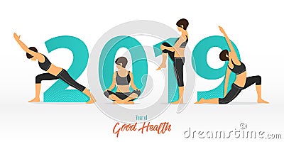 Happy New Year 2019 banner with yoga poses. Year of good health. Banner design template for New Year decoration in Yoga Concept. Vector Illustration