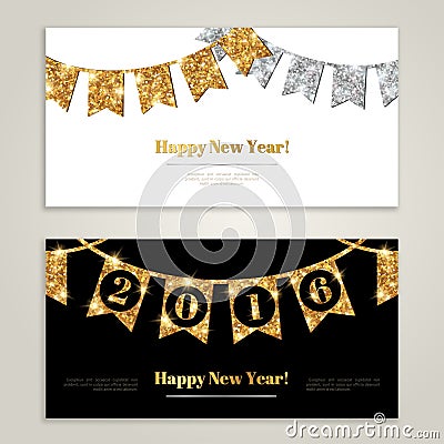 Happy New Year 2016 Banners Set with Flags Vector Illustration