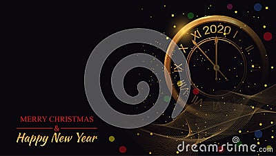 Happy New Year 2020 on black backgrounds glow with golden clock. Beautiful Christmas template. Winter celebration poster. Bright Vector Illustration