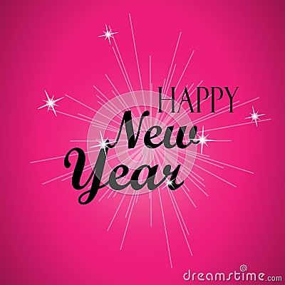 Happy New Year Black Lettering Typography and Bright Little Stars on a Pink Background. Vector Illustration