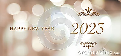 Happy New Year 2023 on blur abstract bokeh background, new year greeting card, banner Stock Photo