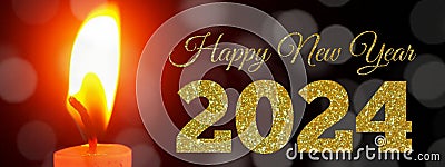 Happy New Year 2024 Bokeh Light And Candle Golden Shiny Text On Night Background. Stock Photo