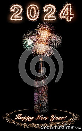 Happy New Year With Bottle And Fireworks 2024 Stock Photo