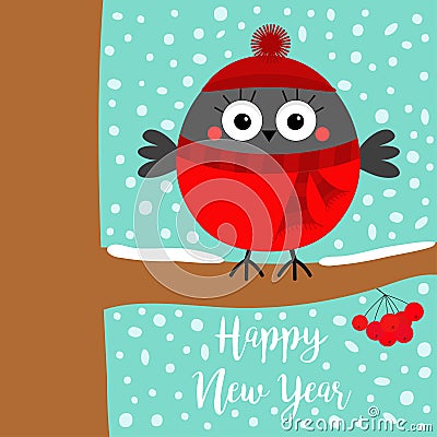 Happy New Year. Bullfinch winter bird on rowan rowanberry sorb berry tree branch. Red hat, scarf. Merry Christmas. Candy cane. Vector Illustration