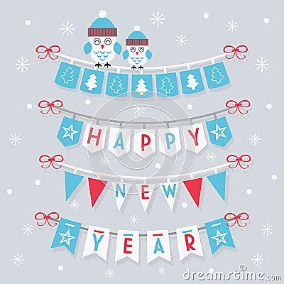 Happy New Year buntings and decoration with two cute owls Vector Illustration