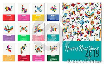 New Year 2018 colorful mexican animal art calendar Vector Illustration