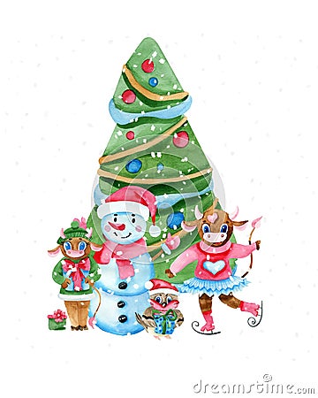 Happy New Year card with bull, Christmas tree, snowmen. 2021 year of the bull Stock Photo