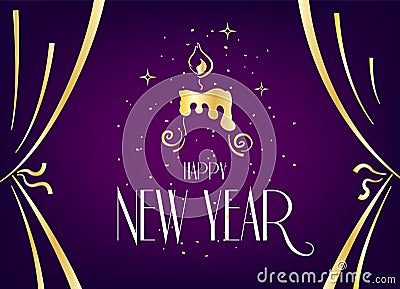 Happy New Year card with candle, stars and golden confetti on violet background. Vector Vector Illustration