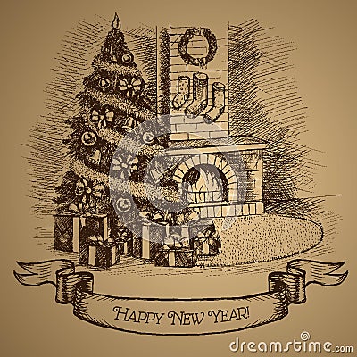 Happy New Year card. Christmas tree and fireplace. Vector Illustration