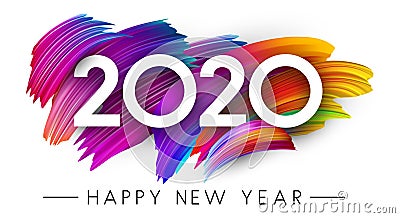 Happy New Year 2020 card with colorful brush stroke design. Vector Illustration