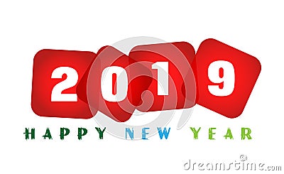 Happy New Year 2019 card and greeting text design icon on white background Cartoon Illustration