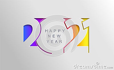 2021 Happy new year card in paper cut style. Vector Illustration