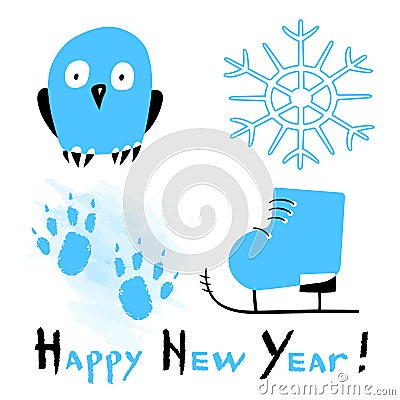 Happy New Year card with the stylized skating shoes, owl, snowflake and dog footprints on white background. Stock Photo