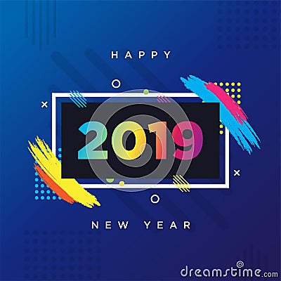 Happy New Year 2019 card theme. Vector background frame for text Modern Art graphics for hipsters Vector Illustration