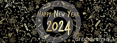 happy new year 2024 - celebration doodles design Vector Illustration