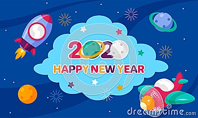 Happy New Year 2020 celebration poster use cartoon space for kids concept with rocket, plane, planet and fireworks vector Vector Illustration