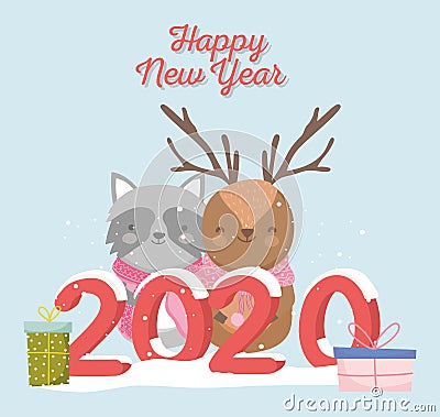 Happy new year 2020 celebration reindeer raccoon gifts snow Vector Illustration