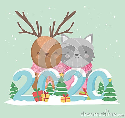 Happy new year 2020 celebration reindeer raccoon trees gifts snow Vector Illustration