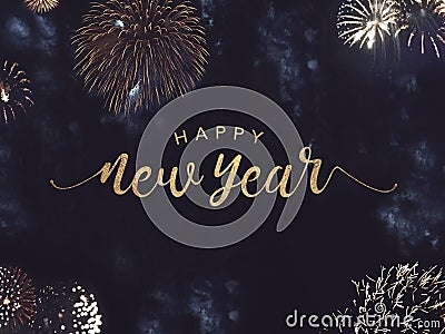 Happy New Year Text with Gold Fireworks in Night Sky Stock Photo