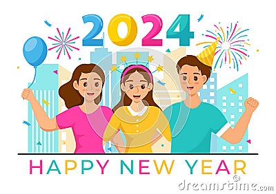 Happy New Year 2024 Celebration Vector Illustration with Trumpet, Fireworks, Ribbons and Confetti in Holiday National Flat Cartoon Vector Illustration