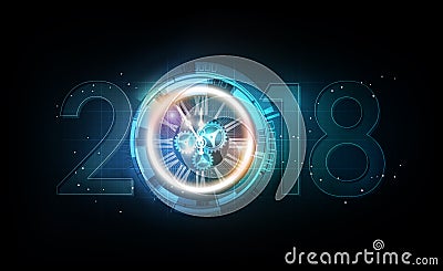 Happy New Year 2018 celebration with white light abstract clock on futuristic technology background, vector illustration Vector Illustration