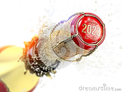 Happy new 2023 year. Champagne bottle and champagne cork with 2023 popping Cartoon Illustration