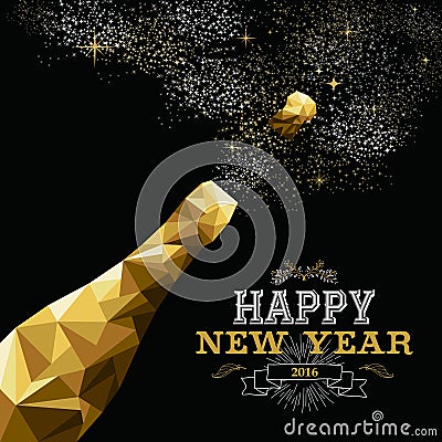 Happy new year 2016 champagne bottle low poly gold Vector Illustration