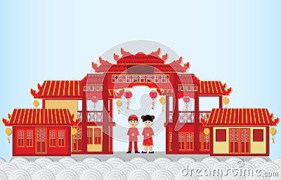 Happy New Year in China Town with chinese boy and girl . Vector Illustration