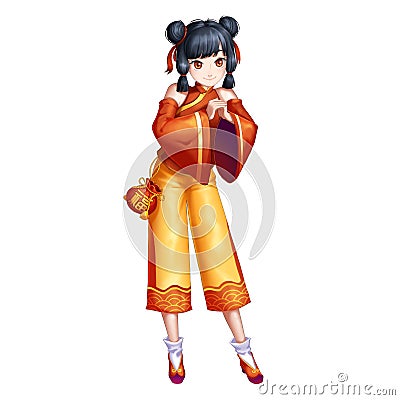 Happy New Year Chinese Traditional Girl with Anime and Cartoon Style Stock Photo