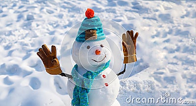 Happy new year. Christmas background with snowman. Happy funny snowman in the snow. Handmade snowman in the snow outdoor Stock Photo