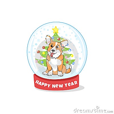 Happy New Year. Christmas ball with welsh corgi, snowflakes and tree. Cartoon Illustration