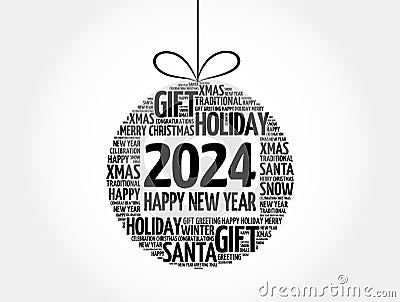 Happy New Year 2024, Christmas ball word cloud, holidays lettering collage Stock Photo