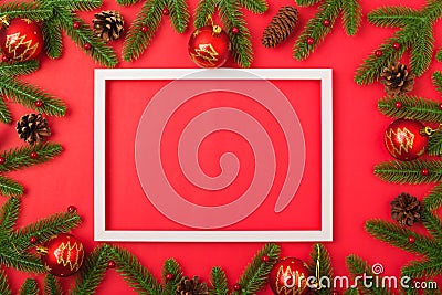 Happy new year or christmas day top view flat lay fir tree branches and decoration photo fram Stock Photo