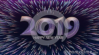 Happy New Year 2019. Christmas. Explosion of fireworks and salute. Lights shimmering particles. Glow effect. Celebration. Vector Illustration