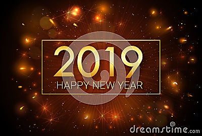 Happy New Year 2019. Christmas. Greeting golden inscription on the background of fireworks. Vector Illustration