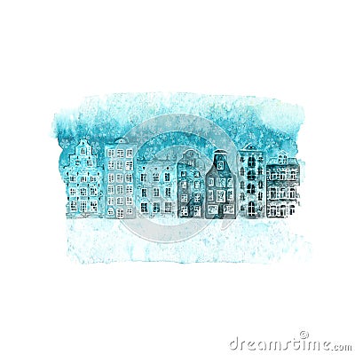 Happy New Year and Christmas illustration with winter watercolor old european houses, snow on blue teal stain Vector Illustration