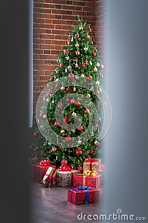 Happy New Year and Christmas! New Year's interior in loft style Stock Photo