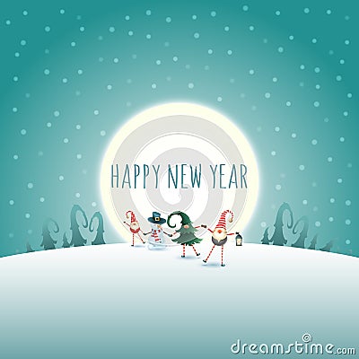 Happy New Year - Christmas scandinavian gnomes and snowman on moonlight winter background Vector Illustration