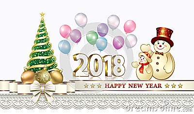 Happy New Year 2018 with a Christmas tree and snowmen Vector Illustration