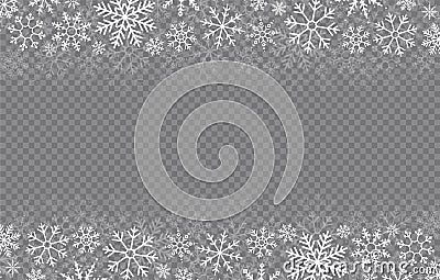 Happy New Year, Christmas and xmas. Falling snow. Snowflakes in different shapes. Winter holidays. Vector snowflake on transparent Vector Illustration