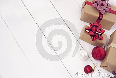 Happy new Year 2020 christmastime. Gift boxes and christmas tree toys on background. Winter light rustic photo Stock Photo