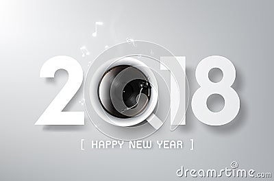 Happy New Year 2018 with coffee and vinyl play, relax time Vector Illustration