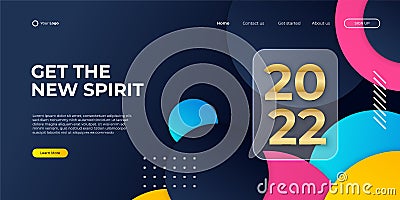 Happy new year 2022 colorful landing page web template background with dark blue and circle Memphis abstract shapes. Vector Vector Illustration