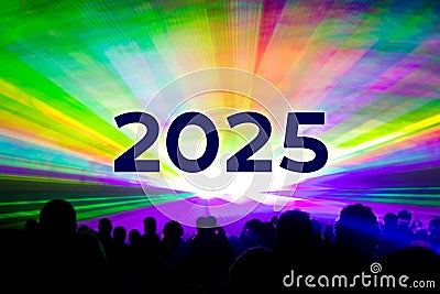 Happy new year 2025 colorful laser show party people crowd Stock Photo