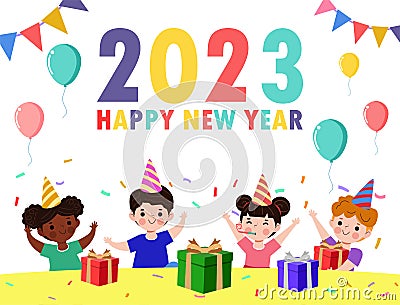 Happy new year 2023, Colorful Merry Christmas kids background, happy children with party HNY, banner Template for advertising Vector Illustration