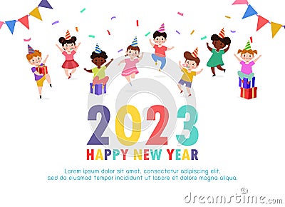 Happy new year 2023, Colorful Merry Christmas kids background, happy children with party HNY, banner Template for advertising Vector Illustration