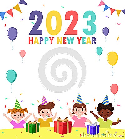 Happy new year 2023, Colorful Merry Christmas kids background, happy children with party HNY, banner Template for advertising Vector Illustration