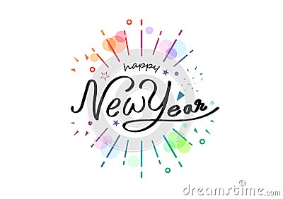 Happy new year, colorful ribbon calligraphy, handwritten confetti decoration festival party vector illustration, lettering Vector Illustration